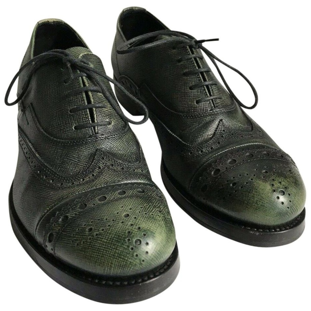 PRADA Olive Grained Leather Oxford Shoes Mens 6/ W
